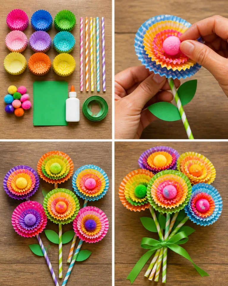 Colorful cupcake-liner flower bouquet arrangement for decoration