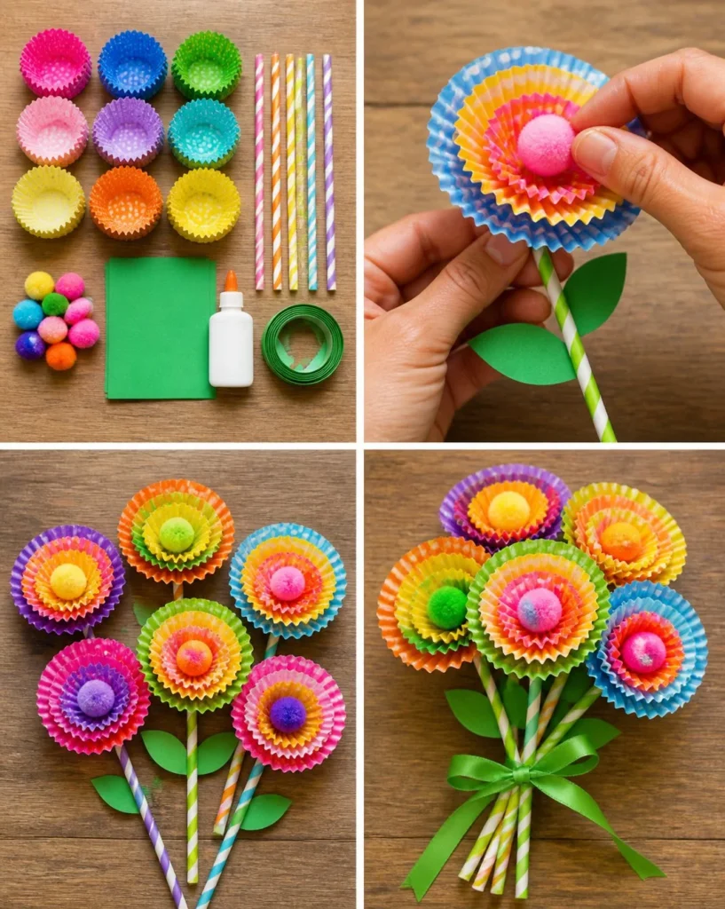 Colorful cupcake-liner flower bouquet arrangement for decoration