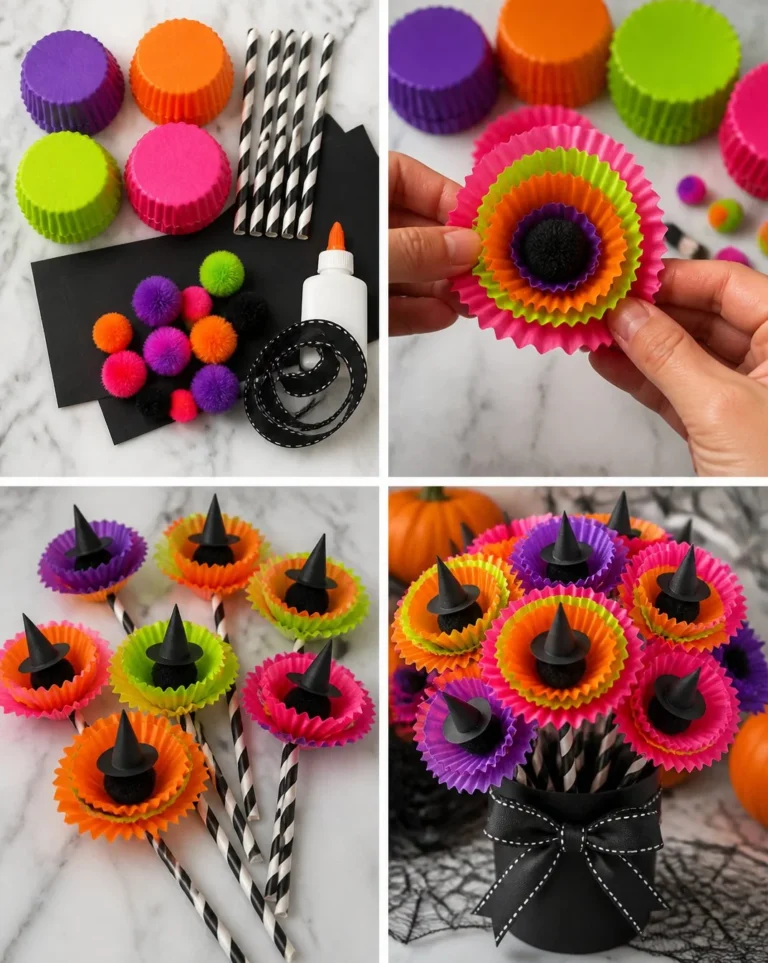 Colorful witch flower bouquet crafted from cupcake liners for Halloween decor