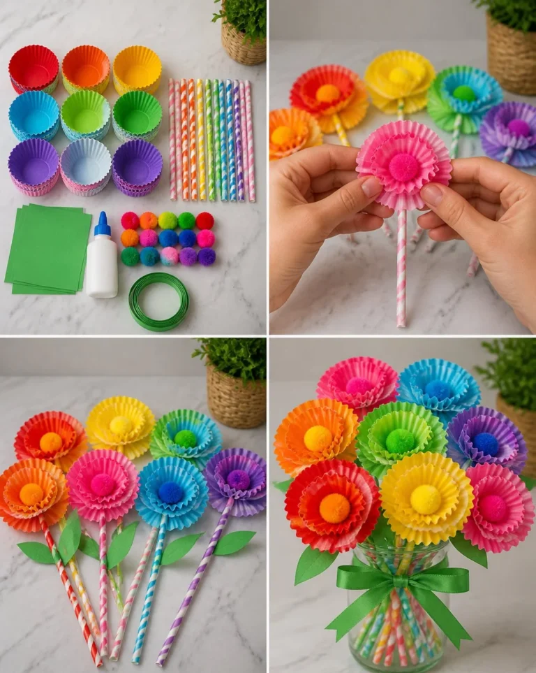 Colorful Cupcake-Liner Dahlia Bouquet DIY project for kids' centerpiece