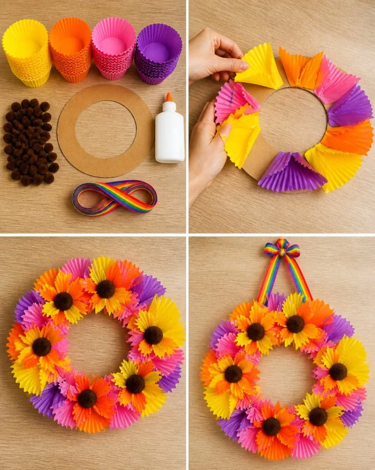 Cupcake-liner sunflower wreath craft for kids made from colorful materials.