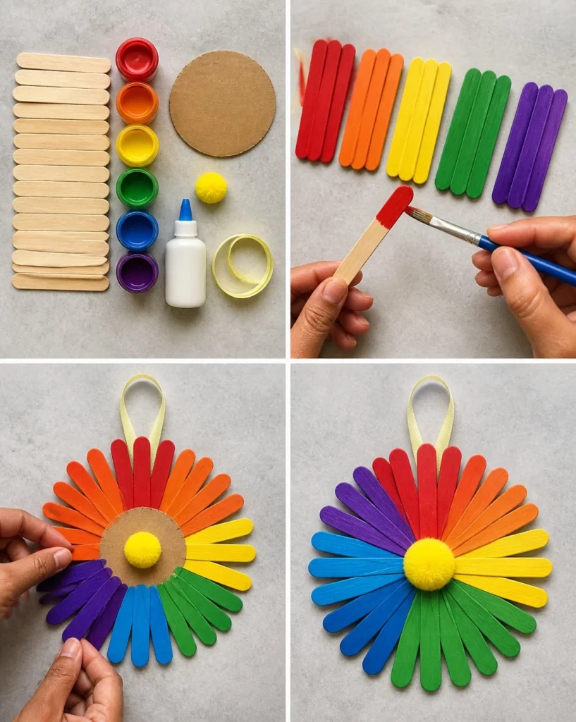 Colorful DIY rainbow popsicle-stick flower wheel craft project