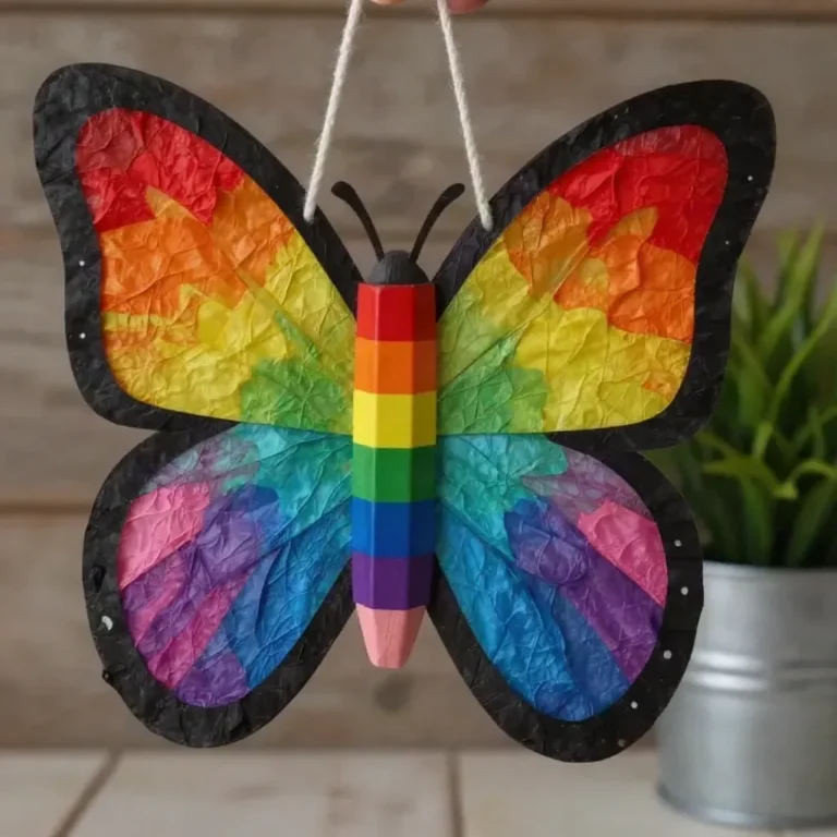 First-Day Rainbow Pencil Butterfly Suncatcher casting colorful light