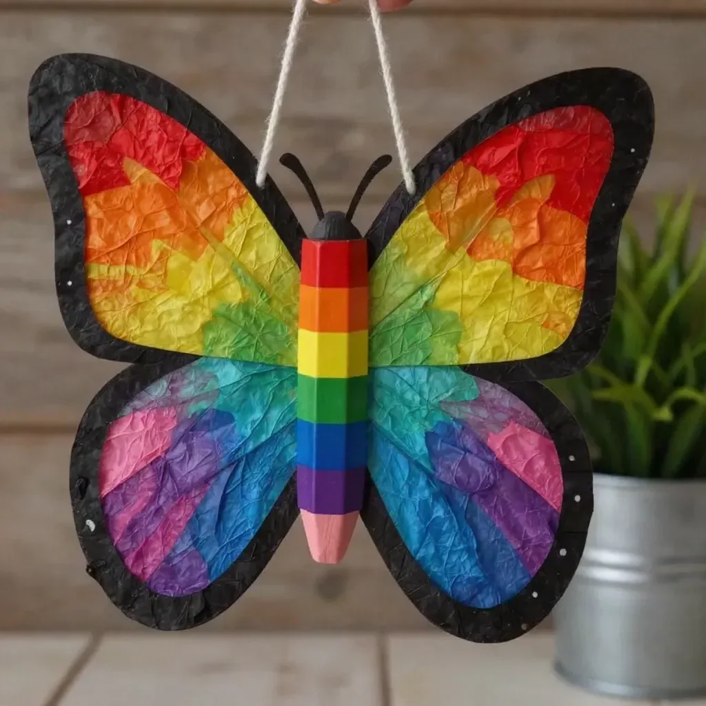 First-Day Rainbow Pencil Butterfly Suncatcher casting colorful light