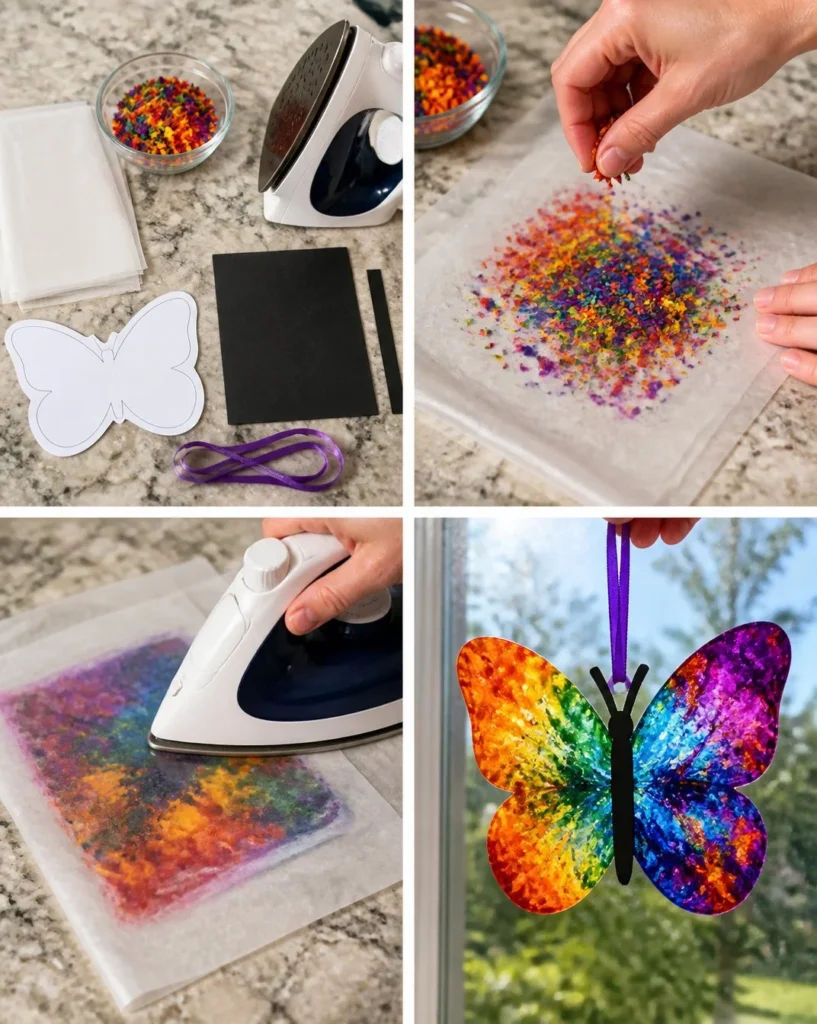 Melted Crayon Rainbow Butterfly Suncatcher craft for kids