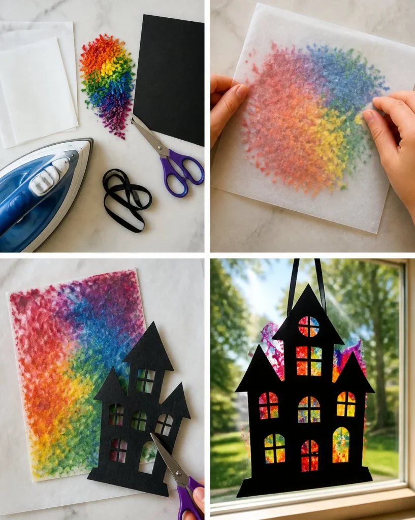 Melted crayon rainbow suncatcher craft for Halloween decoration