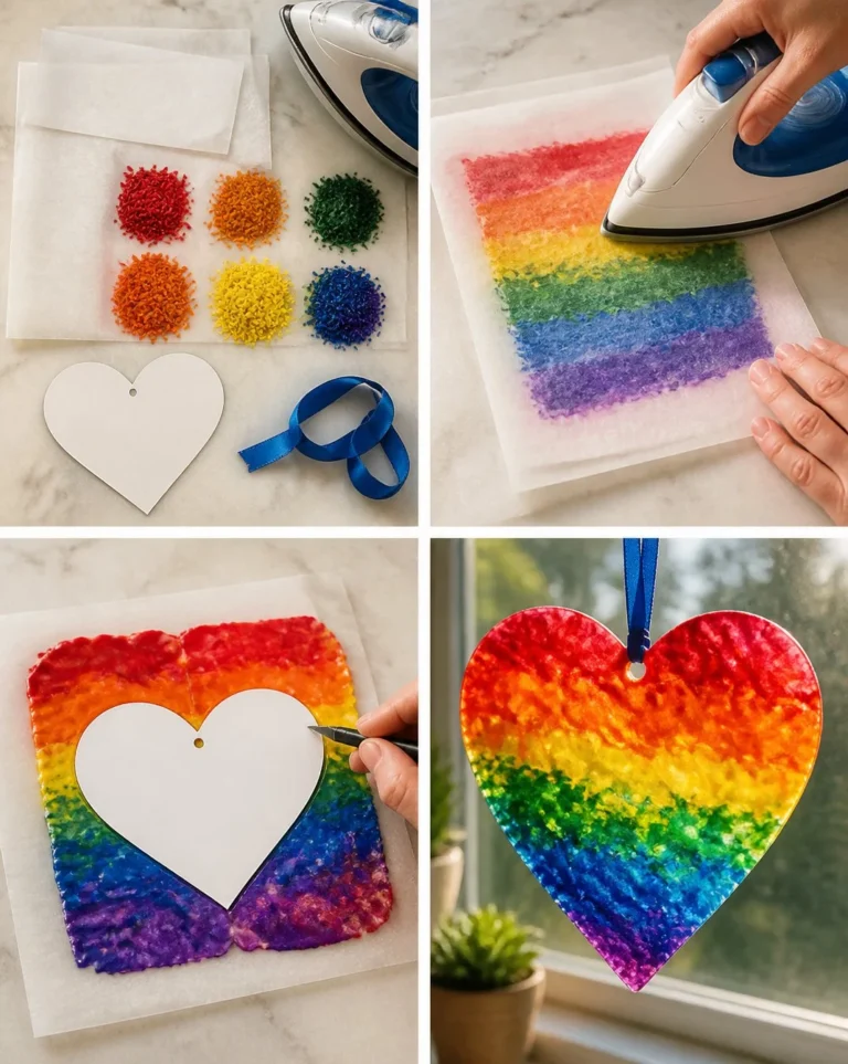 Melted crayon rainbow heart suncatcher craft for children