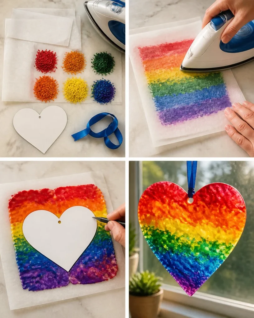 Melted crayon rainbow heart suncatcher craft for children