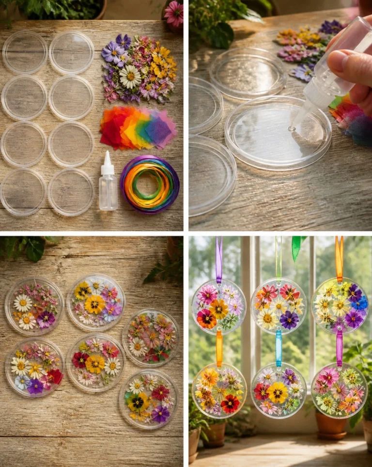 Colorful pressed flower rainbow window medallions for home decor