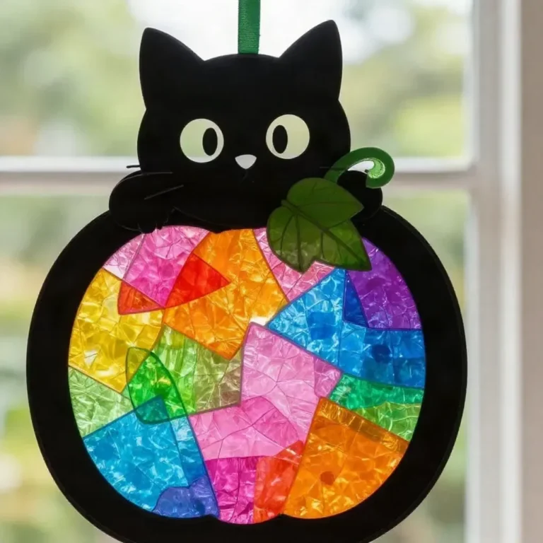 Rainbow Black-Kitten Pumpkin Suncatcher, a colorful fall decoration