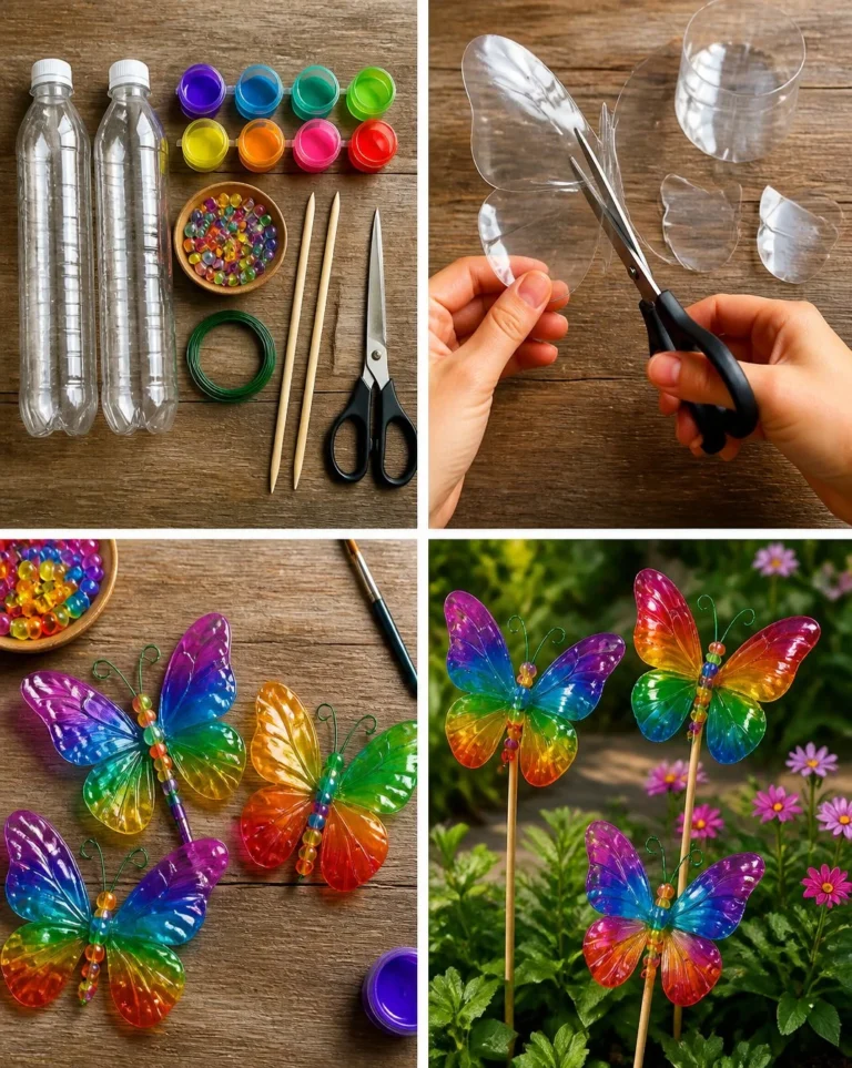 Rainbow Butterfly Stakes made from recycled bottles for eco-friendly gardening