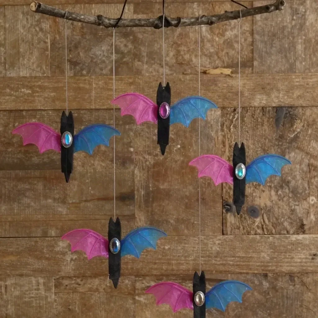 Rainbow Crystal Bat Clothespin Mobile for kids, colorful decor for children's rooms