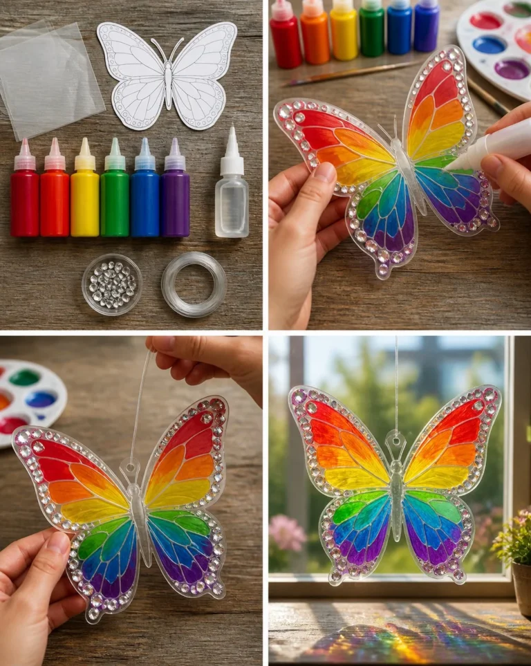 Colorful rainbow crystal butterfly suncatcher craft hanging in a window