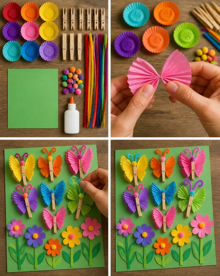 Kids crafting rainbow cupcake-liner butterflies for a vibrant butterfly garden project.