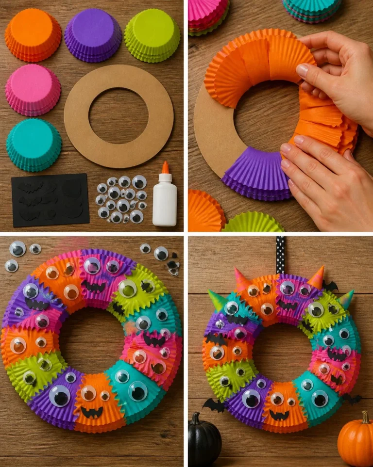 Rainbow Cupcake-Liner Monster Wreath for Halloween decoration