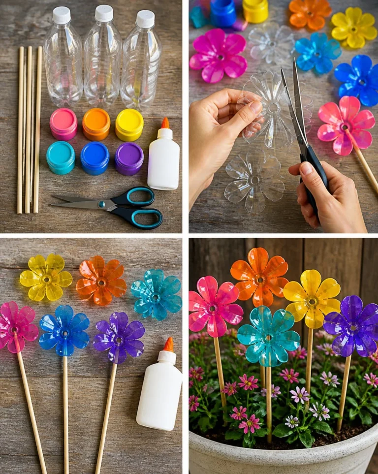 Set of rainbow flower garden stakes made from recycled bottles, adding color to gardens.