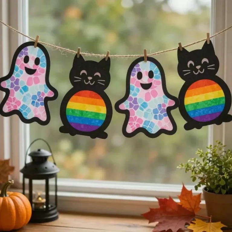 Rainbow Ghost and Kitten Suncatcher Garland hanging in sunlight