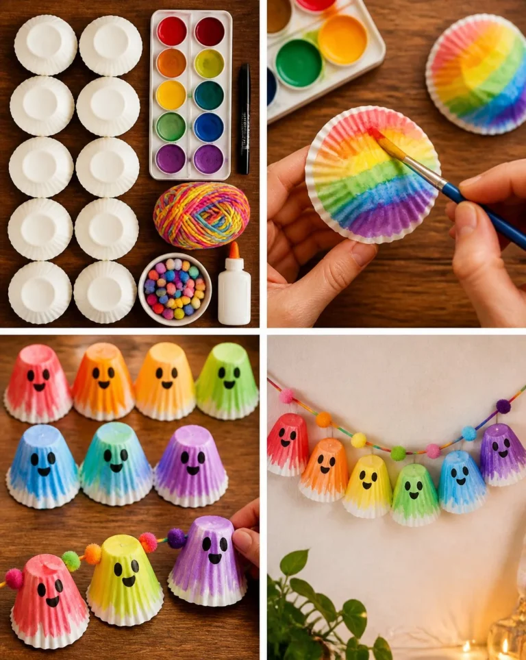 Rainbow Ghost Cupcake-Liner Garland for vibrant Halloween decor