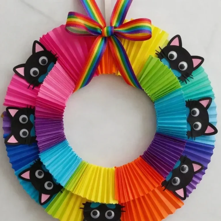 Rainbow kitten cupcake-liner wreath Halloween kids craft project