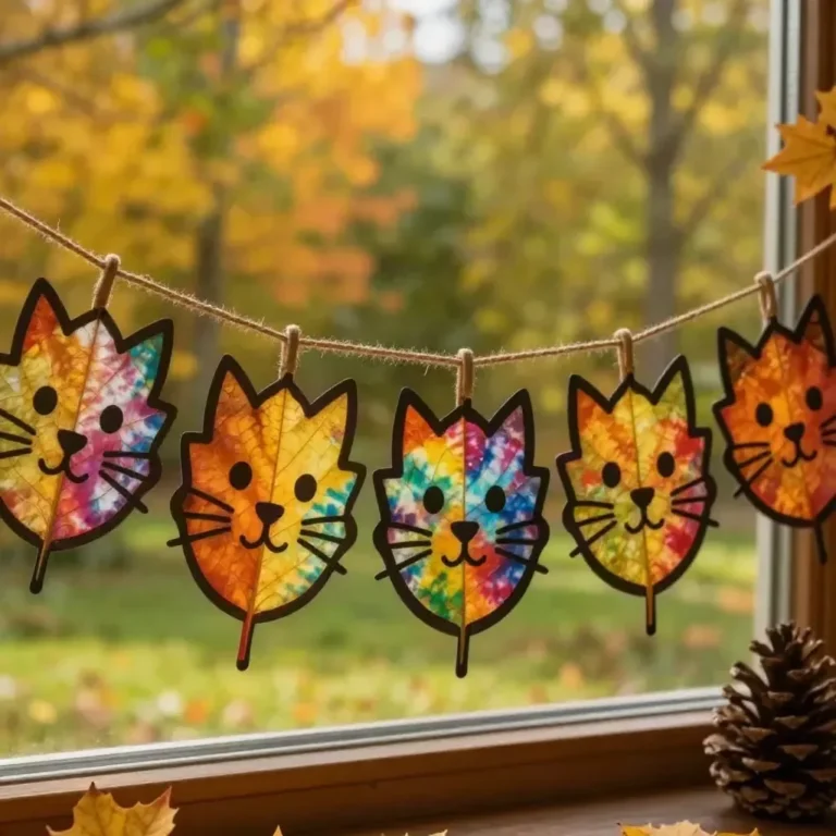 Colorful Rainbow Kitten Fall Leaf Suncatcher Garland hanging indoors