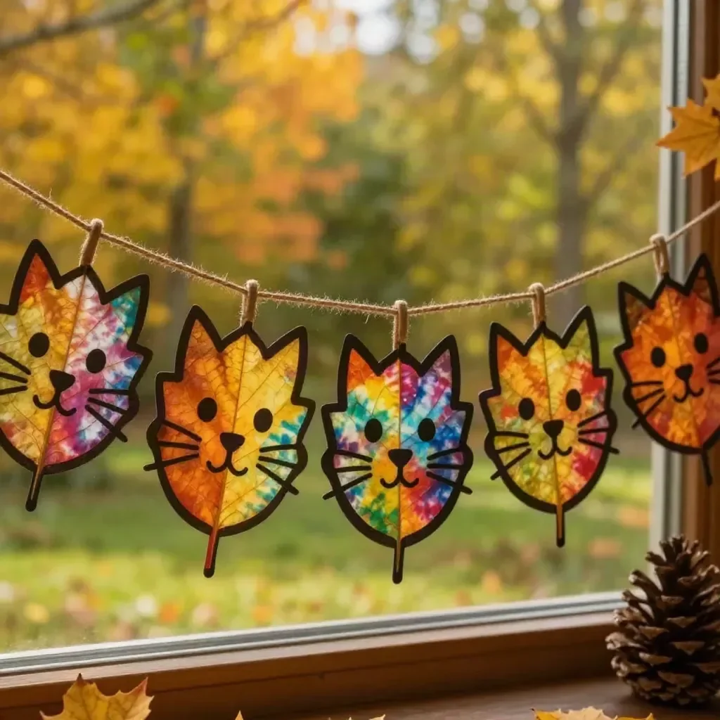 Colorful Rainbow Kitten Fall Leaf Suncatcher Garland hanging indoors