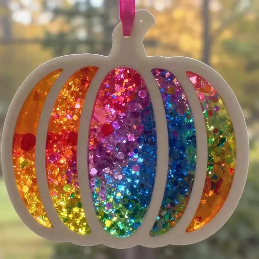 Colorful pumpkin suncatcher made from melted crayons in sunny window