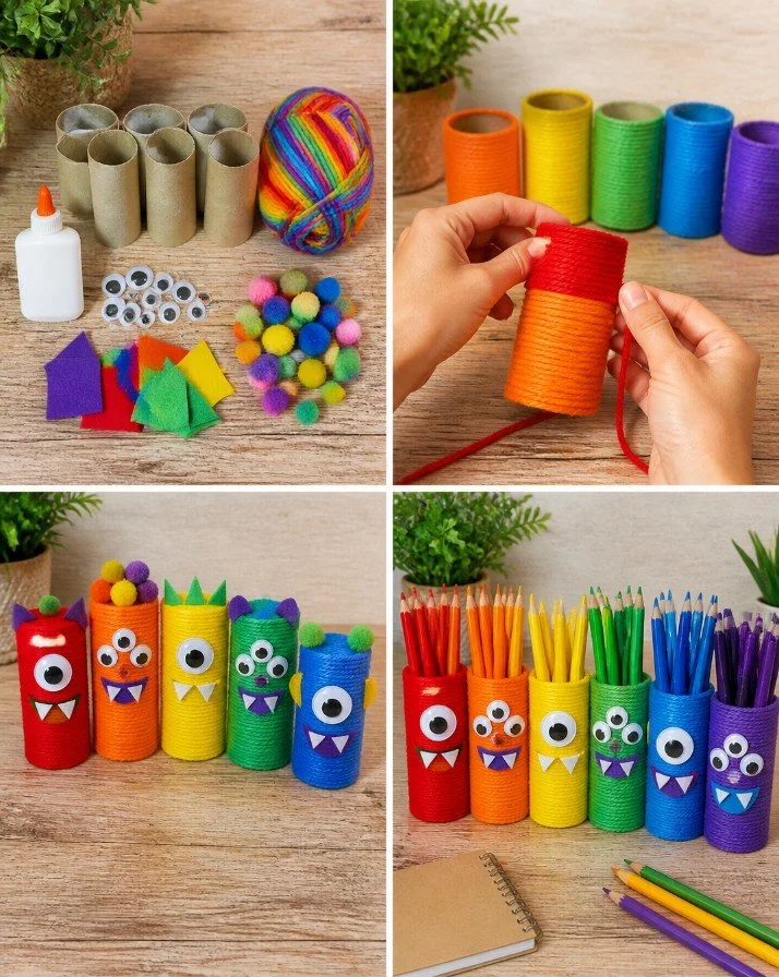 Colorful DIY Rainbow Monster pencil holders craft for kids