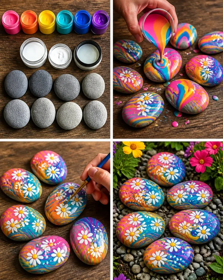 Colorful rainbow painted rocks in a flower garden