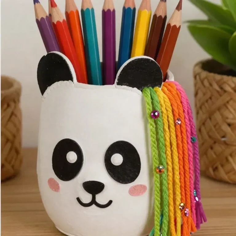 Eco-friendly Rainbow Panda Pencil Cup made from recycled bottle for desk organization