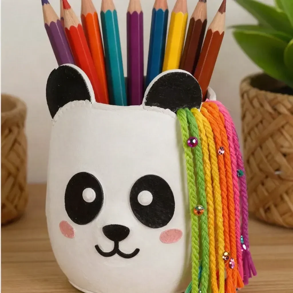 Eco-friendly Rainbow Panda Pencil Cup made from recycled bottle for desk organization