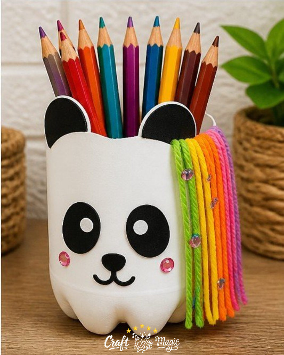 Rainbow Panda Pencil Cup From a Recycled Bottle