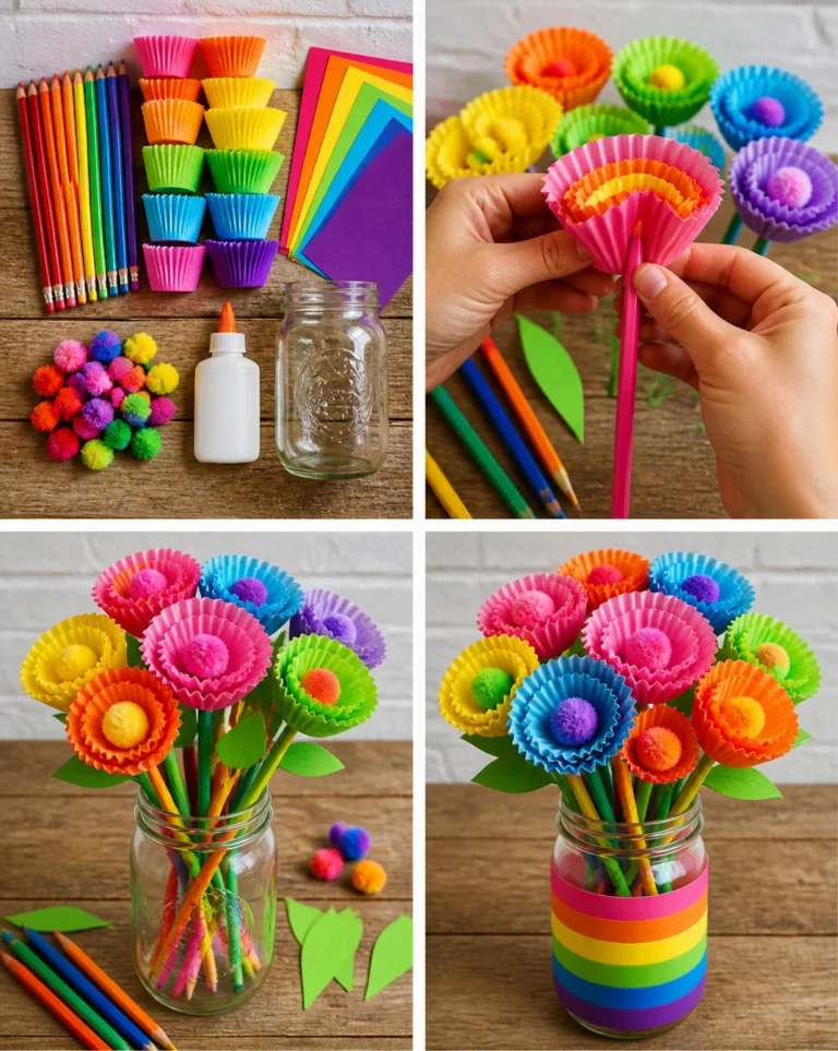 Colorful Rainbow Pencil Flower Bouquet craft for back-to-school decorations