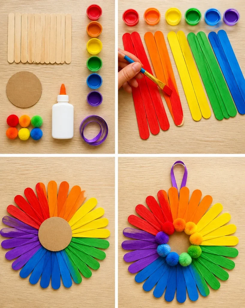 Kids enjoying a colorful rainbow popsicle-stick Daisy Wheel Craft project