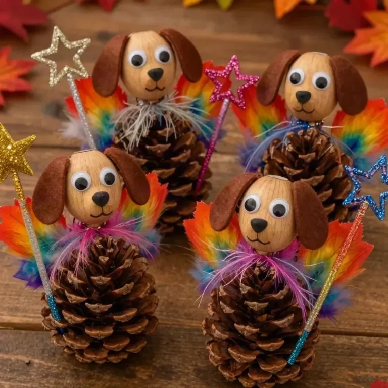 Rainbow Puppy Pinecone Fall Fairy Ornaments for enchanting decor