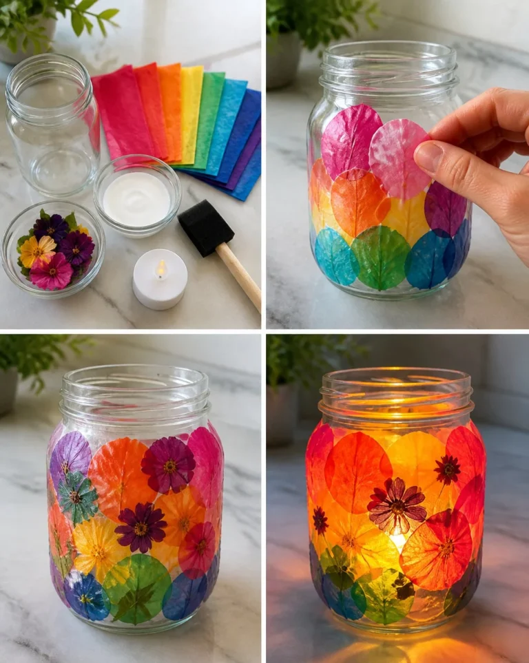 Kids crafting a rainbow tissue-paper flower lantern for decorations.