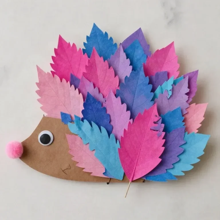 Colorful hedgehog craft made with watercolor leaves for kids