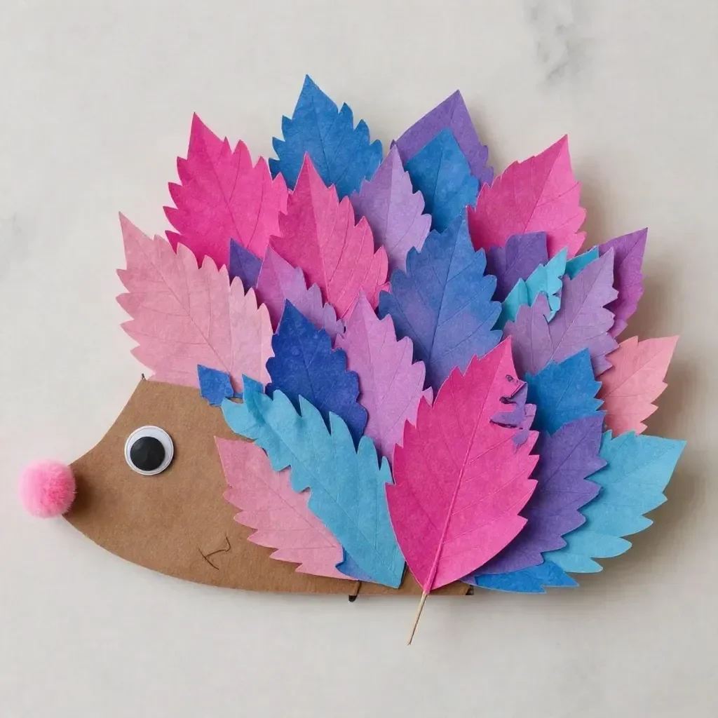 Colorful hedgehog craft made with watercolor leaves for kids