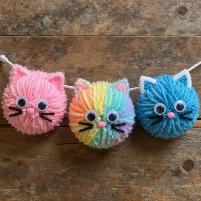 DIY rainbow yarn pom-pom garland project with kitten accents