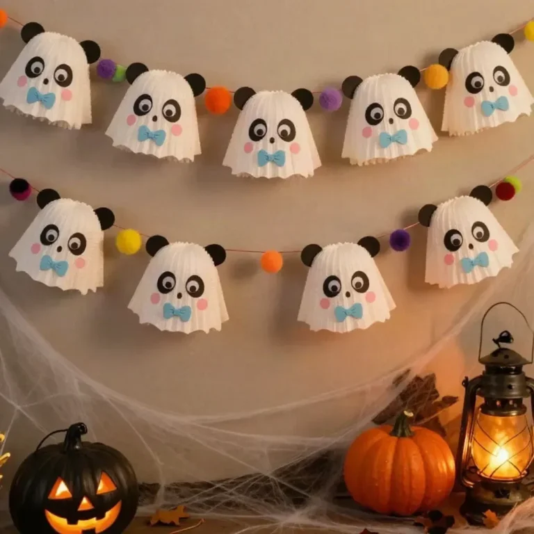 Spooky-cute panda ghost cupcake-liner garland for Halloween decoration